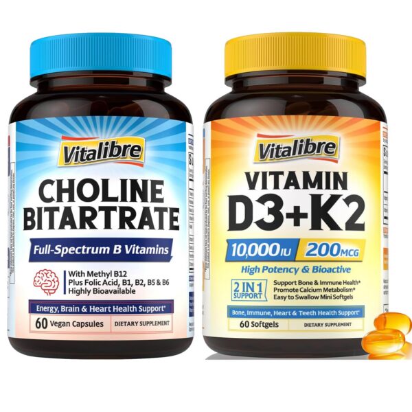 Vitalibre D3K2 y Colina Bitartrato cápsulas frasco frontal