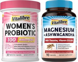 Frasco de Vitalibre probióticos para mujeres con complejo de magnesio y ashwagandha
