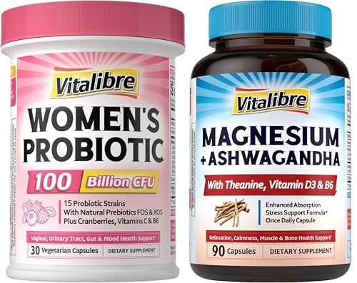 Frasco de Vitalibre probióticos para mujeres con complejo de magnesio y ashwagandha