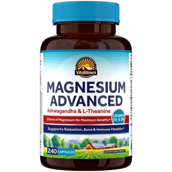 Envase frontal de Vitalitown Magnesium Ashwagandha 240 cápsulas