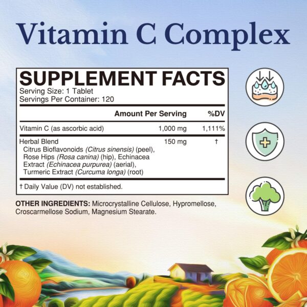 Etiqueta trasera del frasco Vitalitown Vitamin C Complex 1000 mg