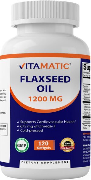 Frasco de Vitamatic aceite de linaza 1200 mg 120 cápsulas