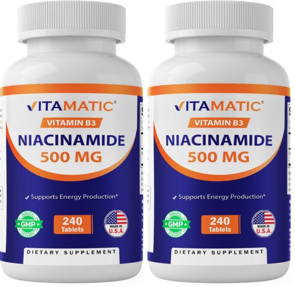 Version 1.0.0 Vitamatic niacinamida 500 mg frasco y etiqueta frontal