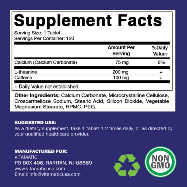 Envase de pastillas Vitamatic cafeína con L-teanina perfil lateral