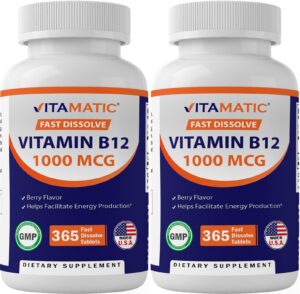 Vitamatic Vitamina B12 1000 mcg rápida disolución sabor baya botella frontal