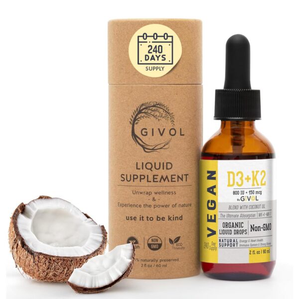 Vitamina D3 y K2 gotas en aceite de coco orgánico