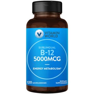 Caja y empaque de Vitamin World B-12 5000 mcg Sublingual