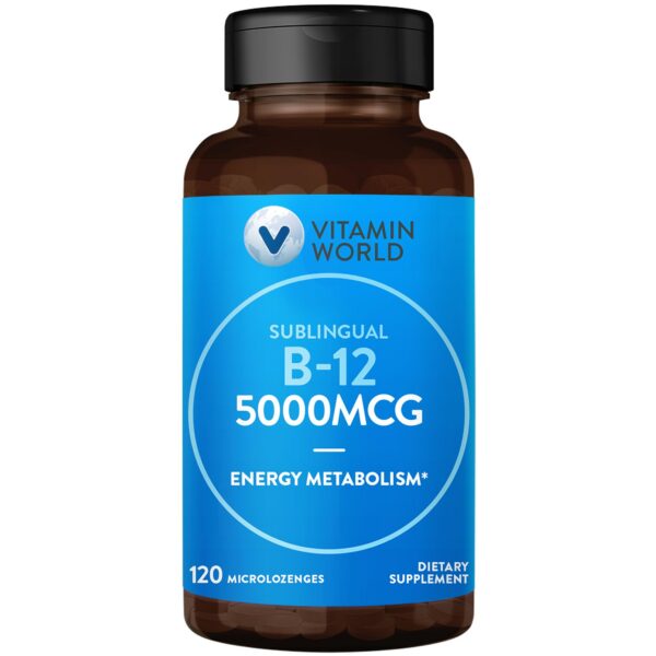 Caja y empaque de Vitamin World B-12 5000 mcg Sublingual