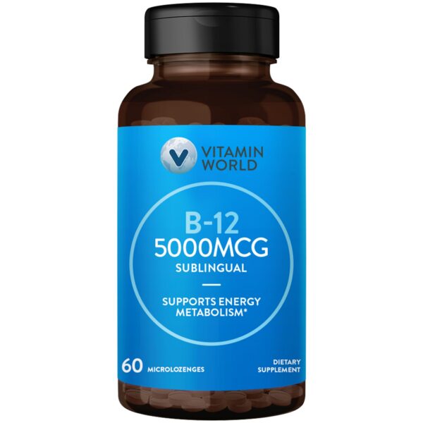 Envase de Vitamin World B-12 5000 mcg con etiqueta