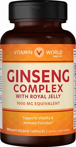 Vitamin World Complejo de Ginseng caja y frasco con cápsulas
