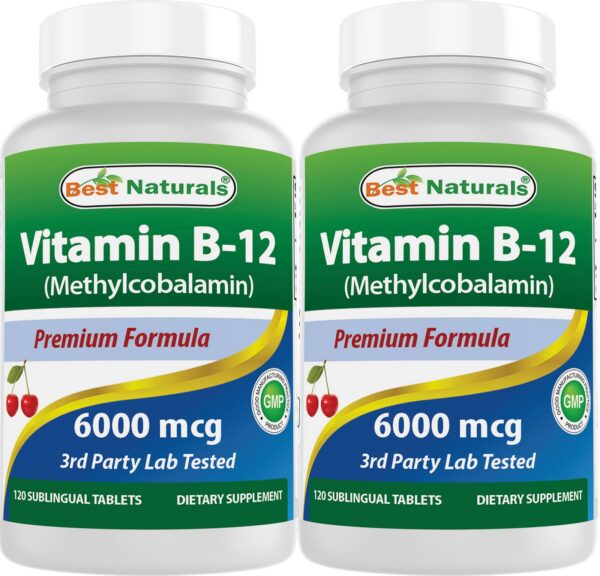 Botella de vitamina B-12 Best Naturals 6000 mcg con 120 tabletas sublinguales