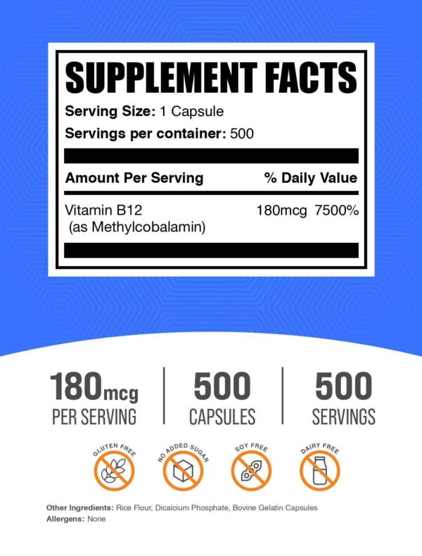 Cápsulas vitamina b12 metilcobalamina BulkSupplements lado