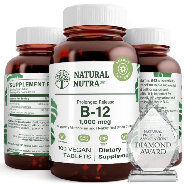 Frasco de Vitamina B12 Natural Nutra 1000 mcg 100 tabletas veganas