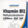 Botella de vitamina B12 Nutricost 2000mcg 240 cápsulas vegetarianas sin gluten