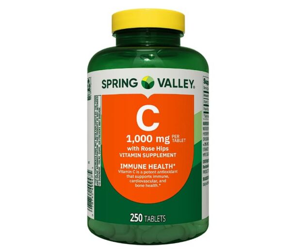 Frente de la botella Vitamina C 1000 mg con rosa mosqueta