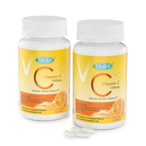 Paquete de tabletas masticables de vitamina C 1000mg TOLOUS con sabor naranja
