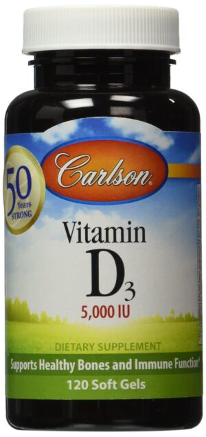 Botella de vitamina D3 5000 UI Carlson Labs con 120 softgels