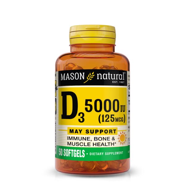 Botella de vitamina D3 5000 UI Mason Natural en cápsulas blandas