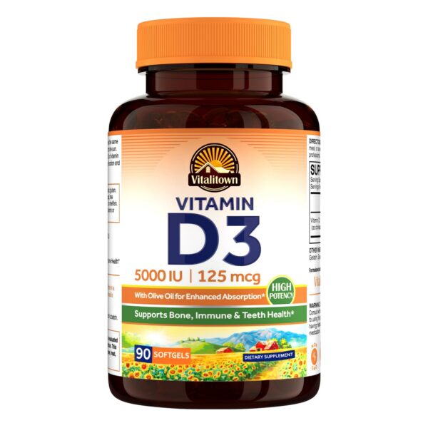 Frasco de vitamina D3 5000 IU Vitalitown con aceite de oliva