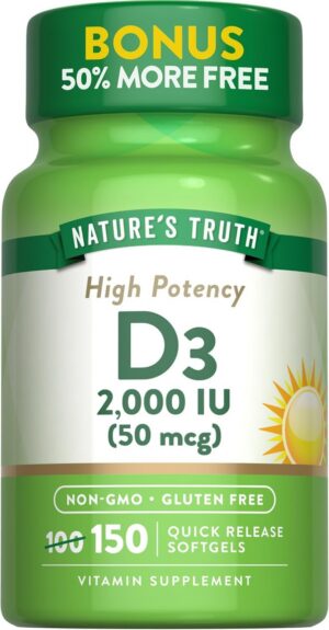 Frasco de vitamina D3 alta potencia Nature's Truth 2000 IU