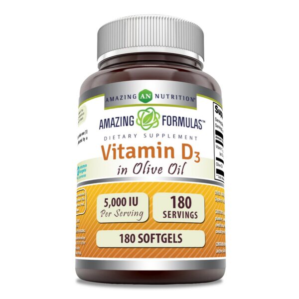 Vitamina D3 Amazing Formulas con aceite de oliva en bote de 180 cápsulas blandas