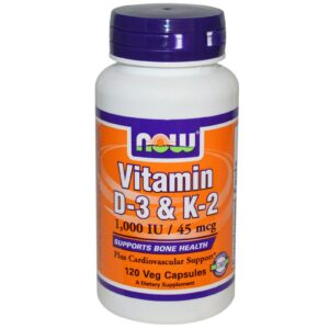 Vitamina D-3 y K-2 120 cápsulas vegetales NOW Foods frasco