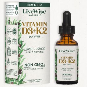 Frasco de gotas líquidas Vitamina D3 y K2 Live Wise Naturals