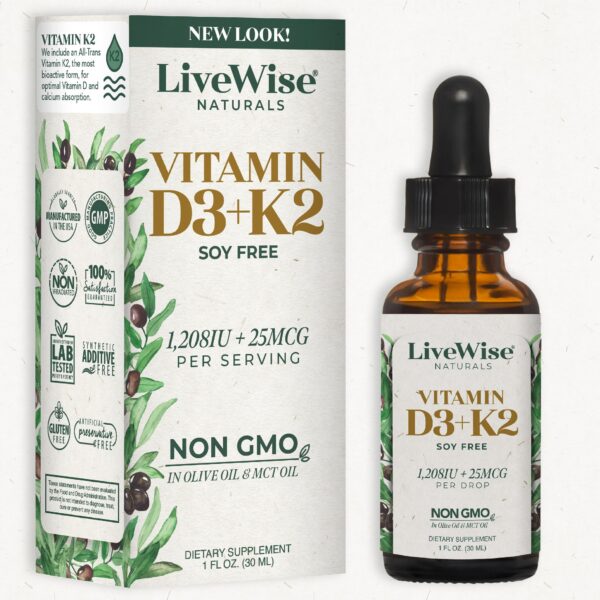 Frasco de gotas líquidas Vitamina D3 y K2 Live Wise Naturals