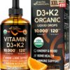 Frasco de gotas líquidas orgánicas vitamina D3 K2 sabor naranja