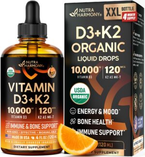 Frasco de gotas líquidas orgánicas vitamina D3 K2 sabor naranja