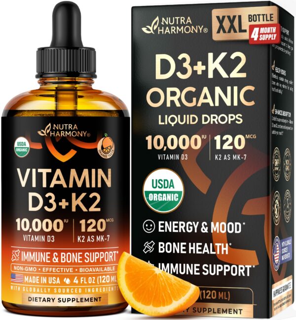 Frasco de gotas líquidas orgánicas vitamina D3 K2 sabor naranja