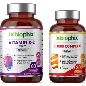 Frasco de vitamina K2 MK-7 100 mcg biophix 60 tabletas con vitamina C