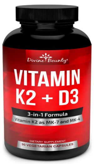Frasco vitamina k2 mk7 mk4 d3 cápsulas vegetarianas divine bounty