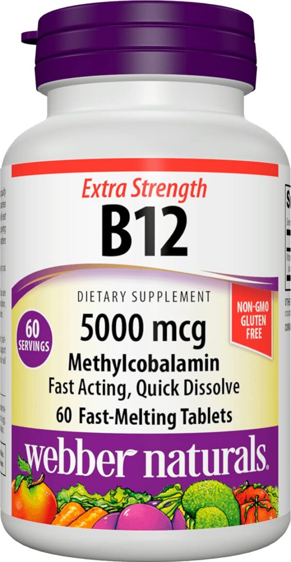 Frasco de vitaminas B12 5000 mcg Webber Naturals 60 tabletas
