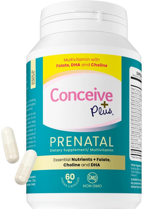 Vitaminas Conceive Plus prenatales veganas frasco