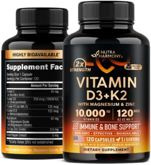 Vitaminas D3 K2 NutraHarmony botella frontal 120 cápsulas