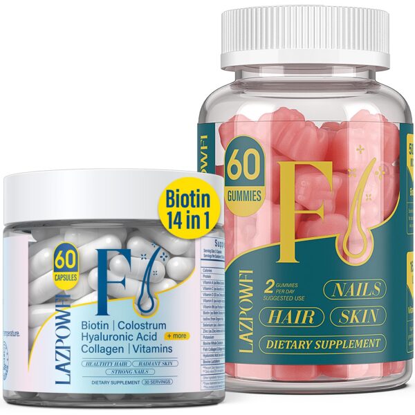 Vitaminas Lazpowfi cabello piel uñas gomitas y cápsulas