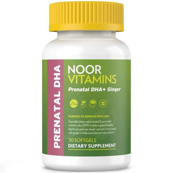Frasco de vitaminas prenatales halal Noor con DHA y ácido fólico
