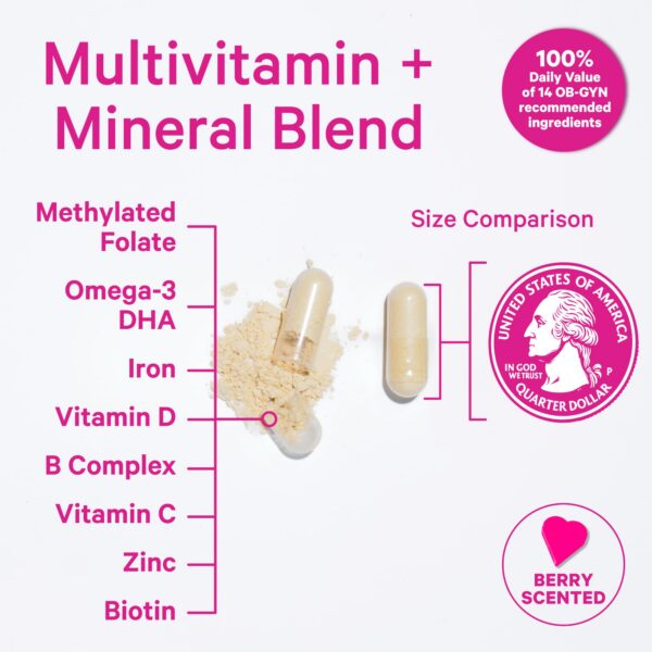 Botella de vitaminas Pink Stork prenatal.