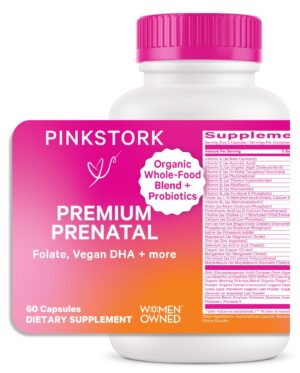 Vitaminas prenatales Pink Stork multivitamínico paquete frontal