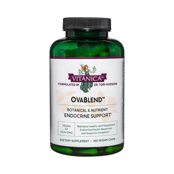 Frasco de suplemento Vitanica OvaBlend para salud hormonal femenina