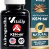 Frasco de cápsulas VitaUp Ashwagandha KSM-66 con Bioperine para relajación
