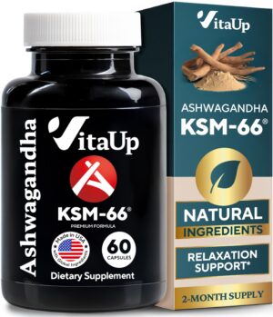 Frasco de cápsulas VitaUp Ashwagandha KSM-66 con Bioperine para relajación