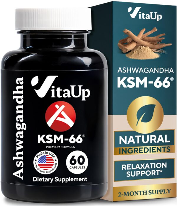 Frasco de cápsulas VitaUp Ashwagandha KSM-66 con Bioperine para relajación