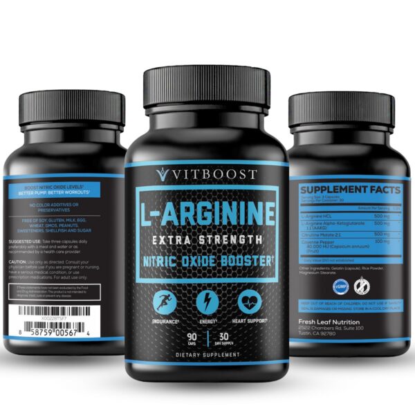 Etiqueta frontal de VITBOOST con L-Arginine y L-Citrulline