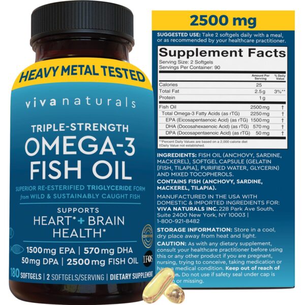 Frasco con etiqueta Viva Naturals Omega 3 de triple potencia