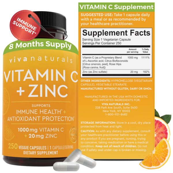 Viva Naturals suplemento vitamina C y zinc botella 250 cápsulas