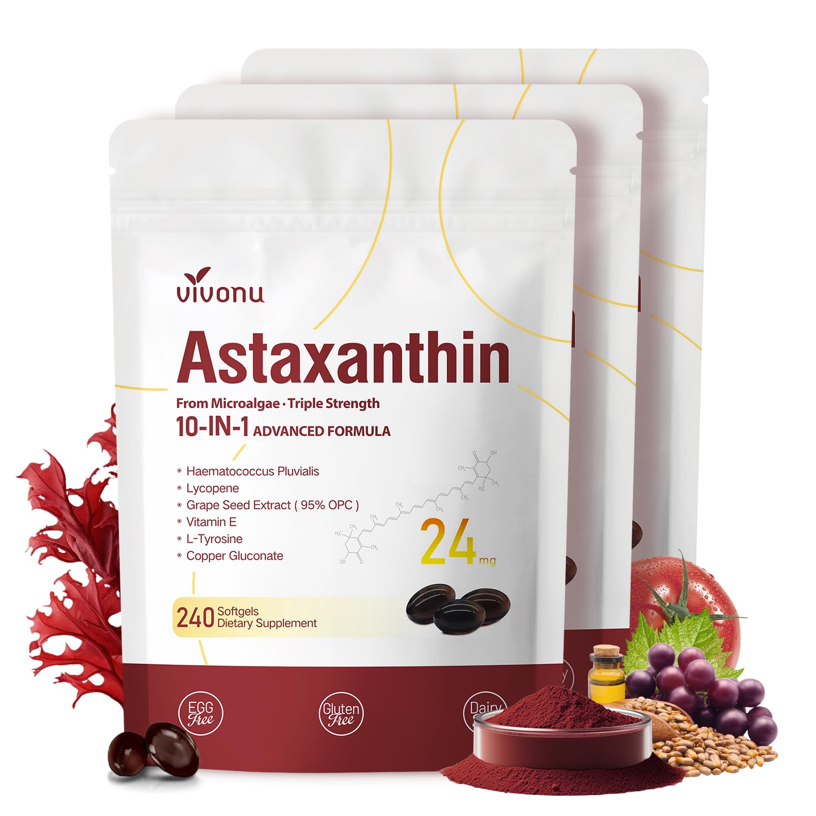 VivoNu Astaxantina 24 mg – Fórmula 10 en 1, 720 softgels, 3 bolsas