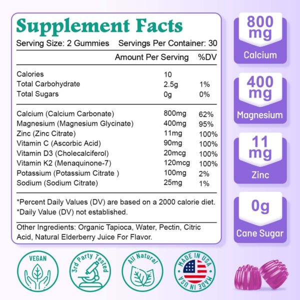 Etiqueta frontal de las gomitas calcio magnesio zinc