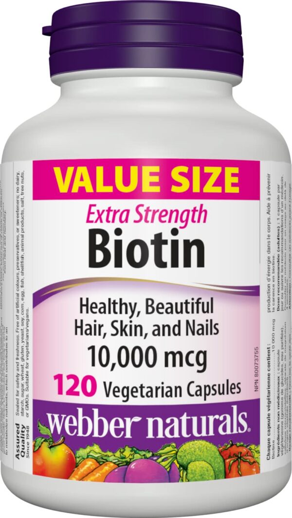 Frente de la etiqueta Webber Naturals Biotina 10,000 mcg